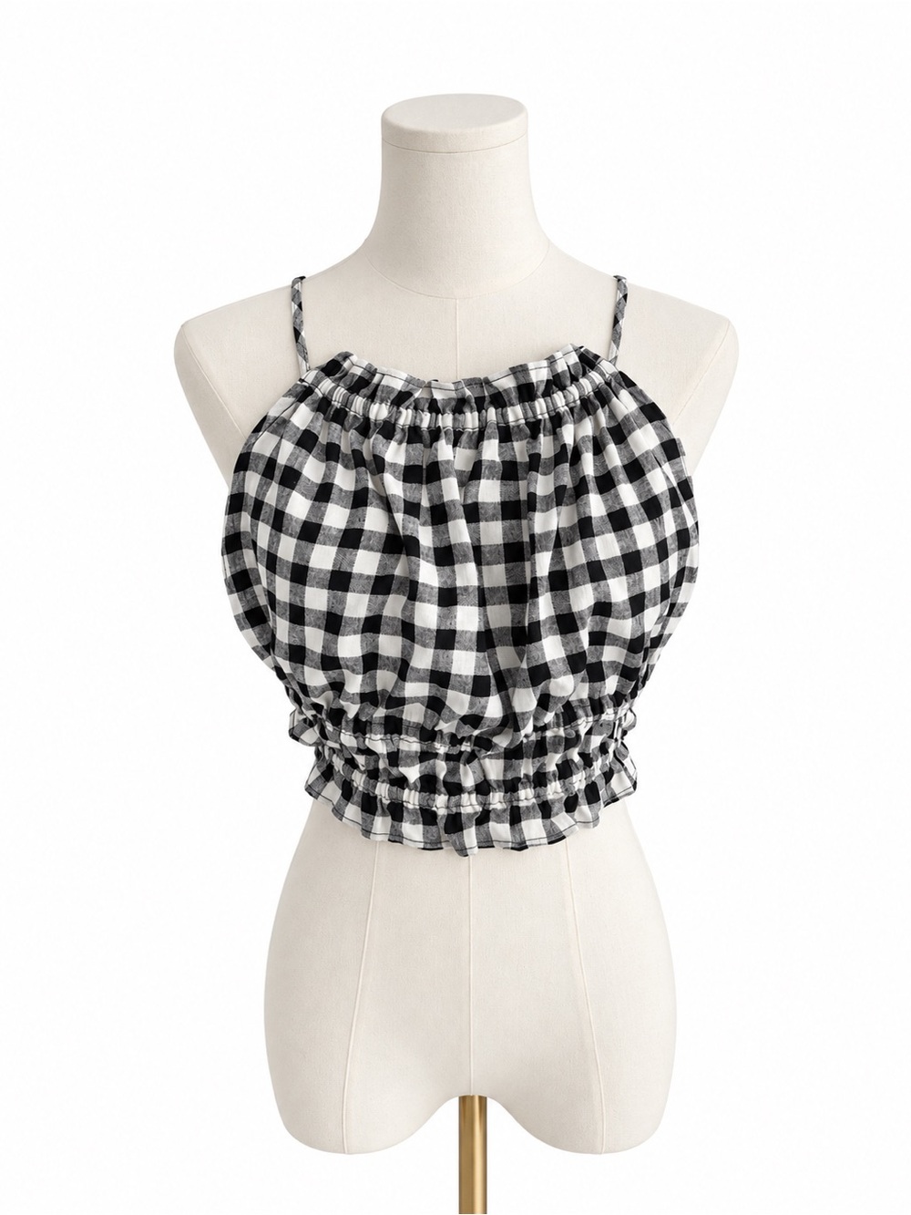 Zara Black & White Gingham Smocked Hem Crop Top